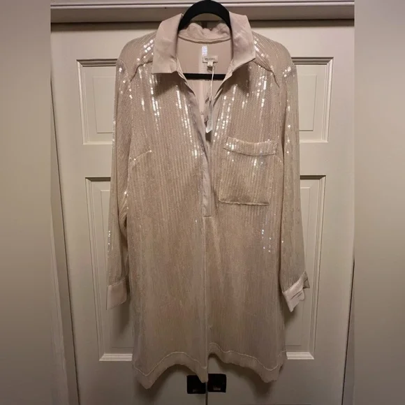 Pilcro Long Sleeve Sequin Mini Shirt Dress Womens Size L Collard Neckline - New - Picture 4 of 6